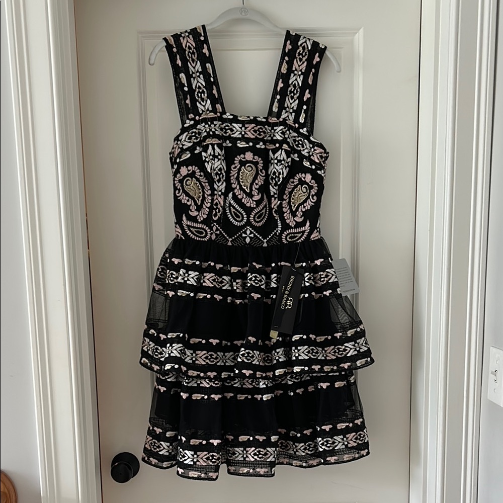 Bronx and Banco Black and Pink Embroidered fit and flare ruffle dress